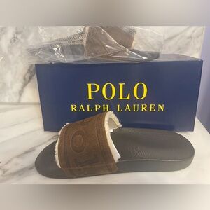 Polo Ralph Lauren Shearling Slide Sandals 11D Brown Suede Logo Slip-On NIB